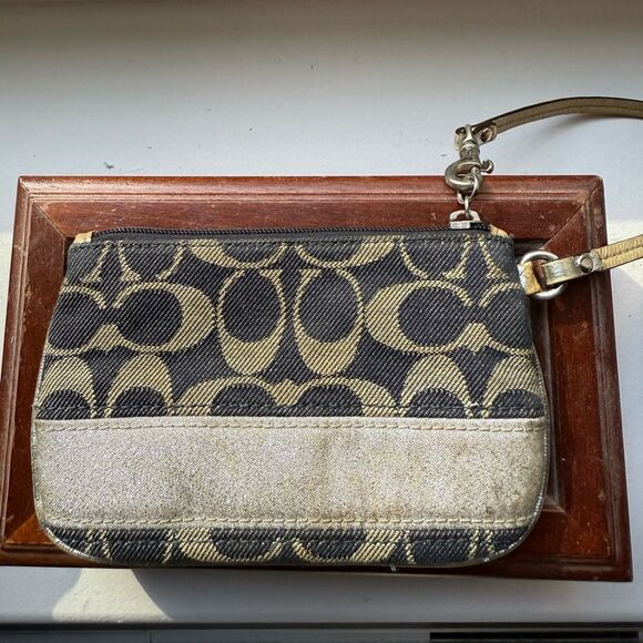 Coach Signature Canvas Stripe Black & Gold Mini Wristlet. - Picture 2 of 3